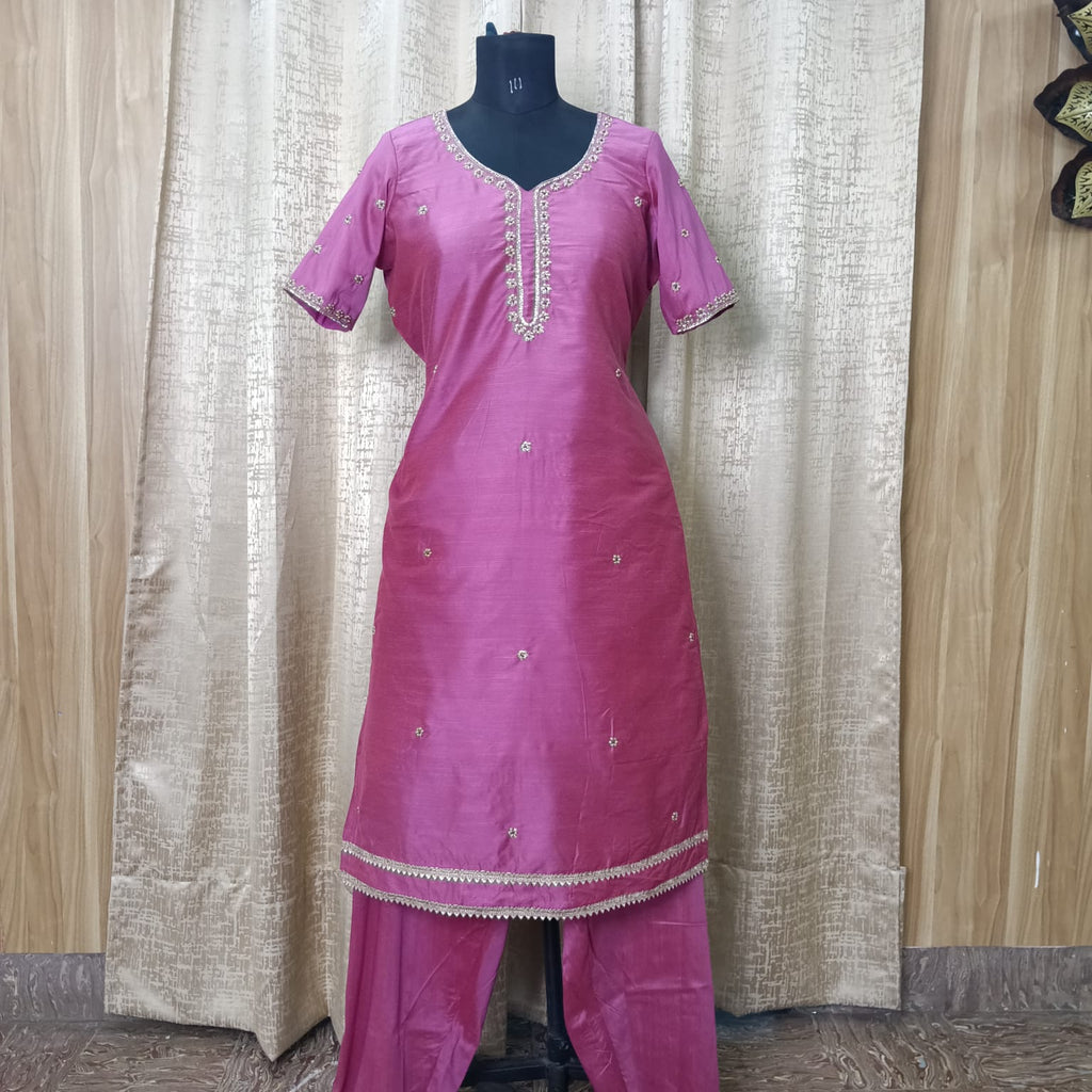 Women's Jute Silk Hand Embroidered Kurta Pant Set – Pink | Zardosi & Pearl Work | XXL