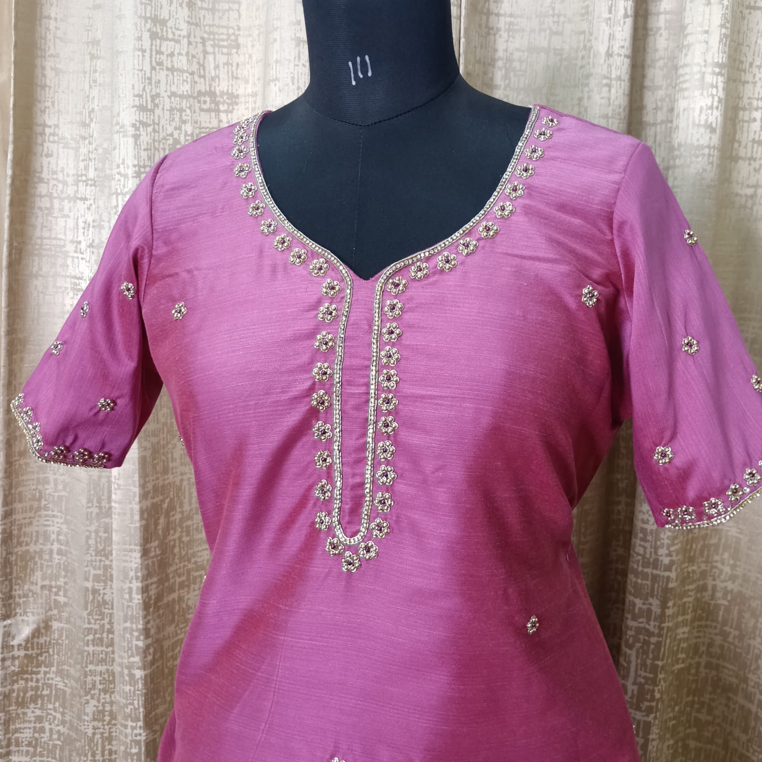 Women's Jute Silk Hand Embroidered Kurta Pant Set – Pink | Zardosi & Pearl Work | XXL