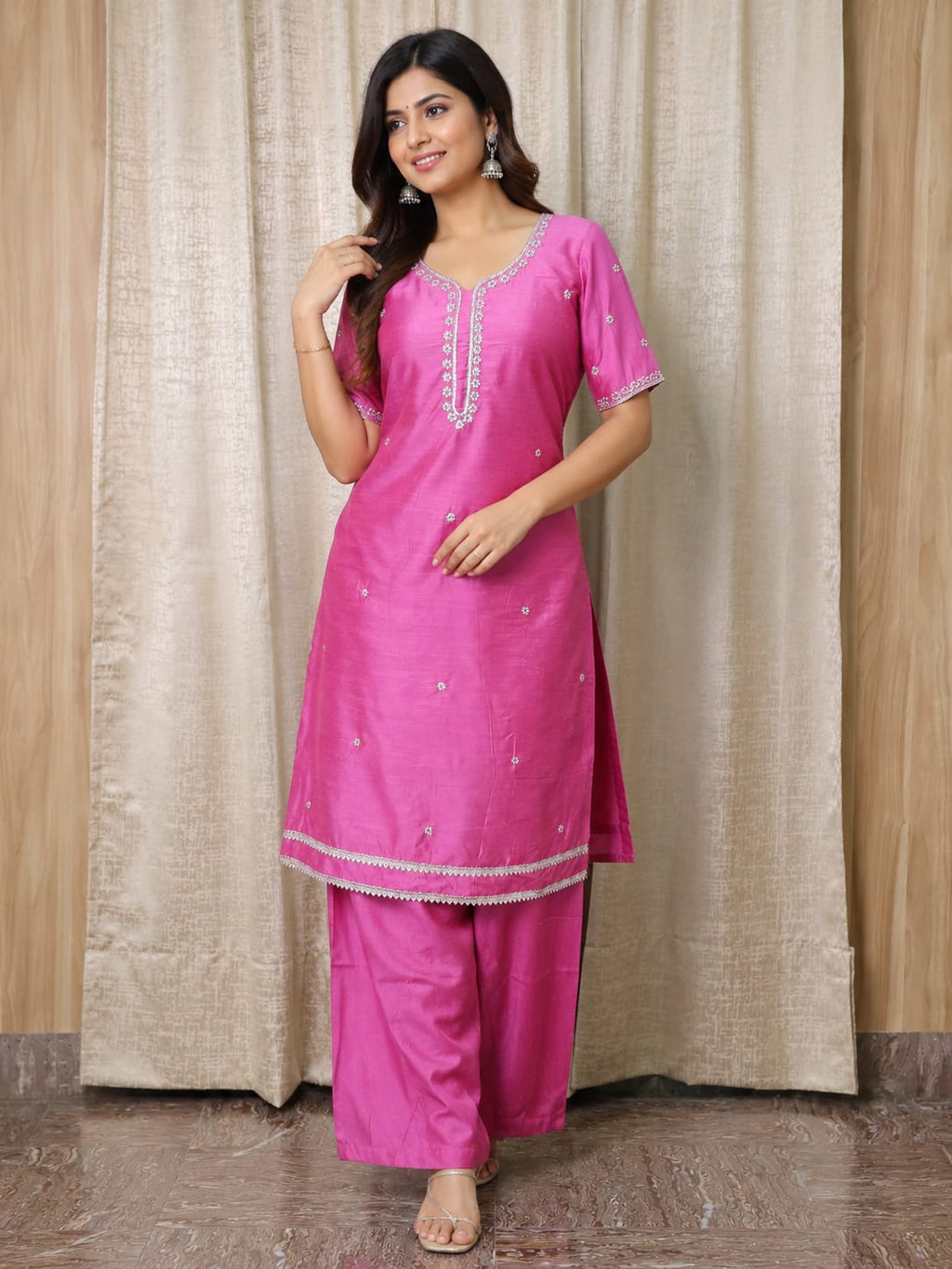 Women's Jute Silk Hand Embroidered Kurta Pant Set – Pink | Zardosi & Pearl Work | XXL