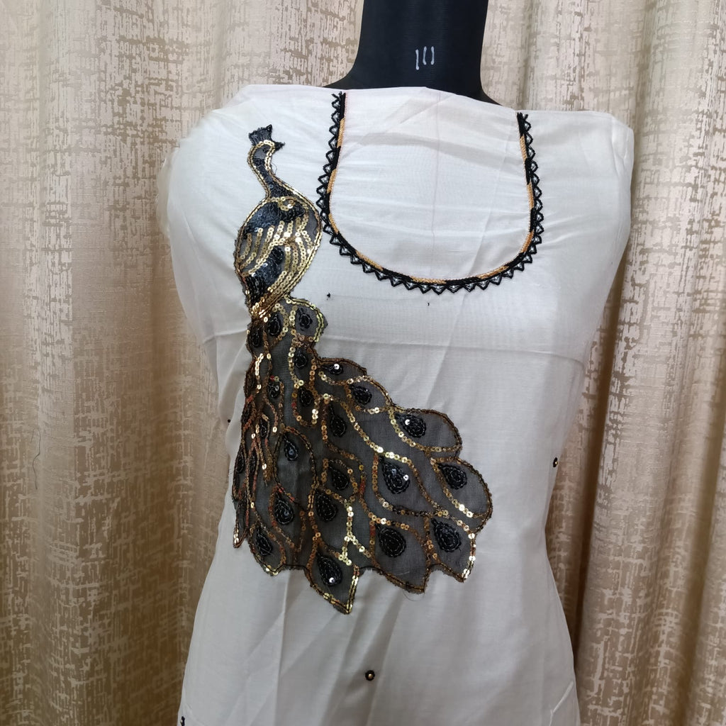 Elegant Women's Silk Salwar Suit Set with Peacock Embroidery & Chiffon Dupatta – Classic White
