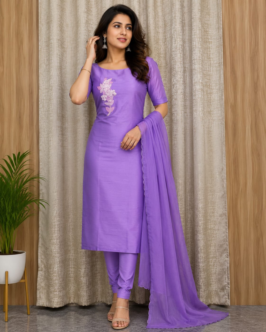 Elegant Women's Silk Salwar Suit Set with Floral Embroidery & Chiffon Dupatta – Lavender Purple