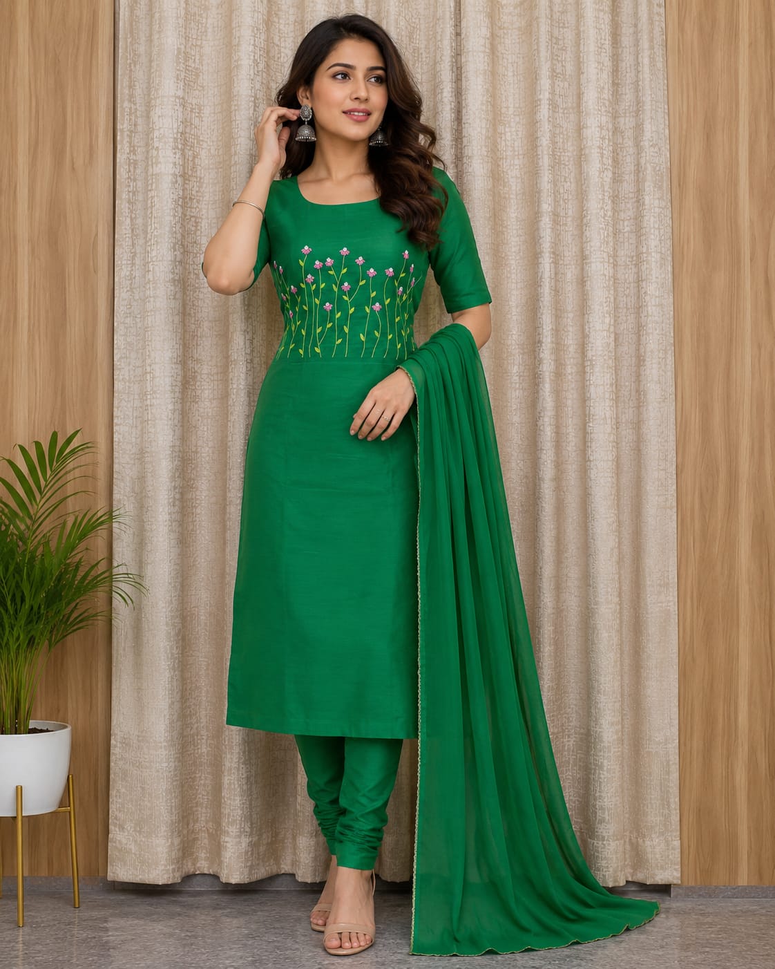 Elegant Women's Silk Salwar Suit Set with Floral Embroidery & Chiffon Dupatta – Emerald Green