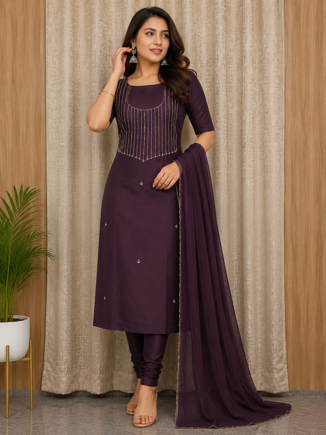 Elegant Women's Silk Salwar Suit Set with Pinstripe Embroidery & Chiffon Dupatta – Deep Plum