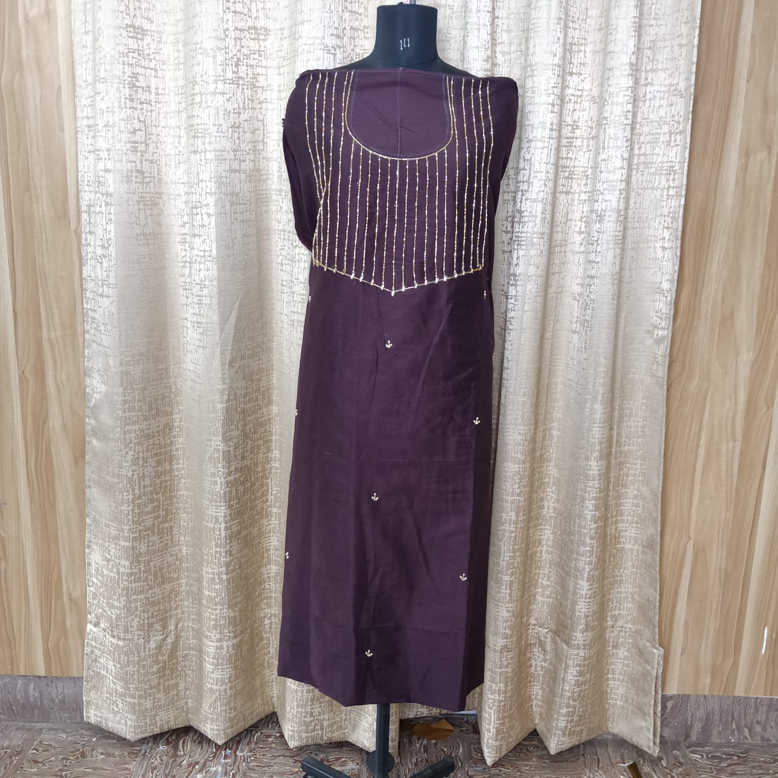 Elegant Women's Silk Salwar Suit Set with Pinstripe Embroidery & Chiffon Dupatta – Deep Plum