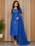 Elegant Women's Silk Salwar Suit Set with Floral Embroidery & Chiffon Dupatta – Royal Blue