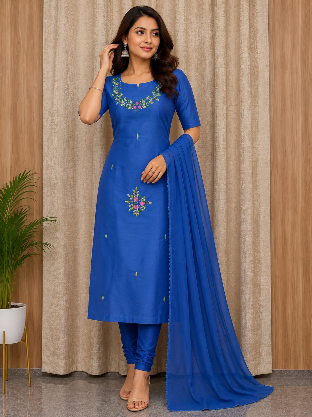 Elegant Women's Silk Salwar Suit Set with Floral Embroidery & Chiffon Dupatta – Royal Blue