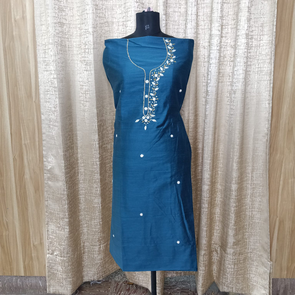 Elegant Women's Silk Salwar Suit Set with Floral Embroidery & Chiffon Dupatta – Teal Blue