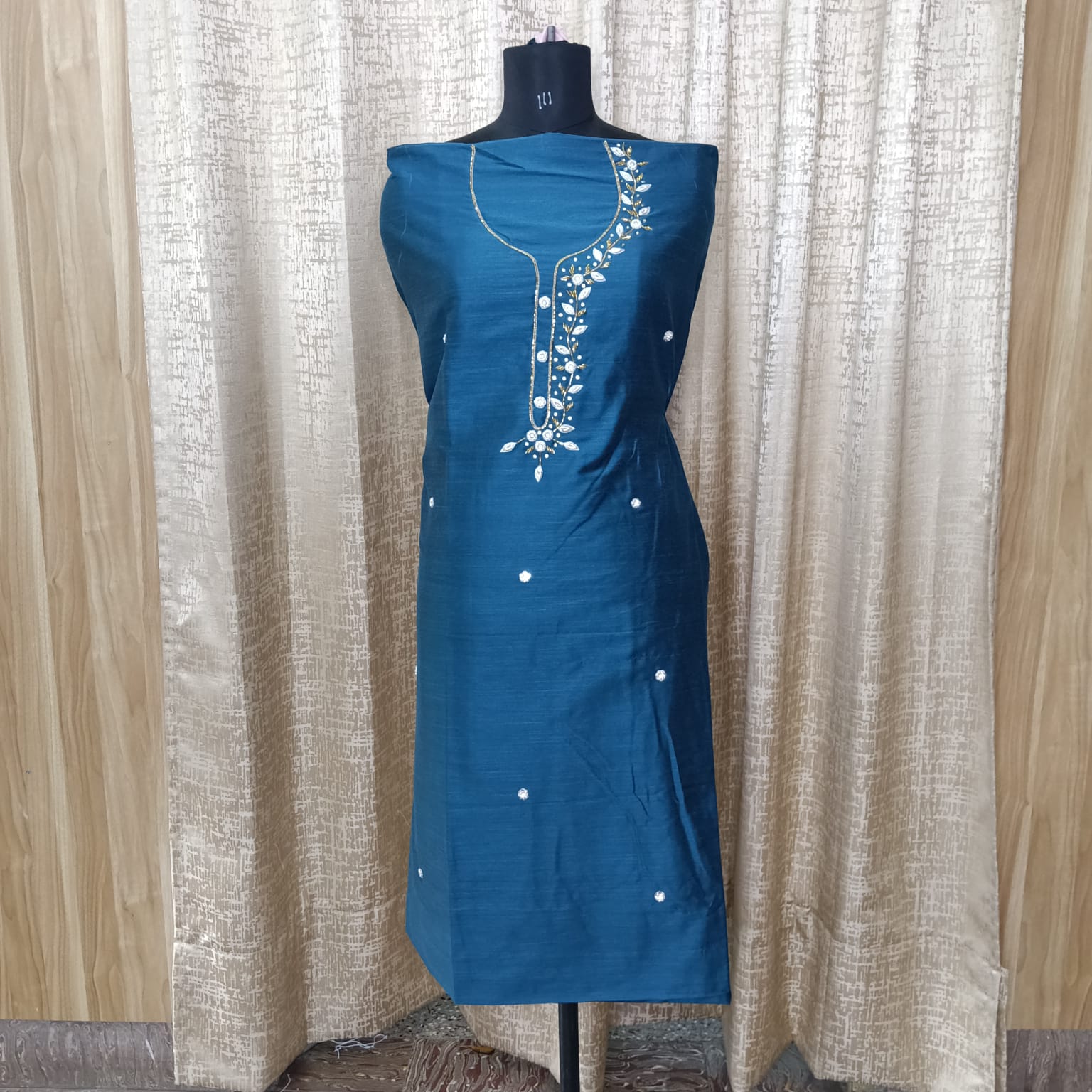 Elegant Women's Silk Salwar Suit Set with Floral Embroidery & Chiffon Dupatta – Teal Blue