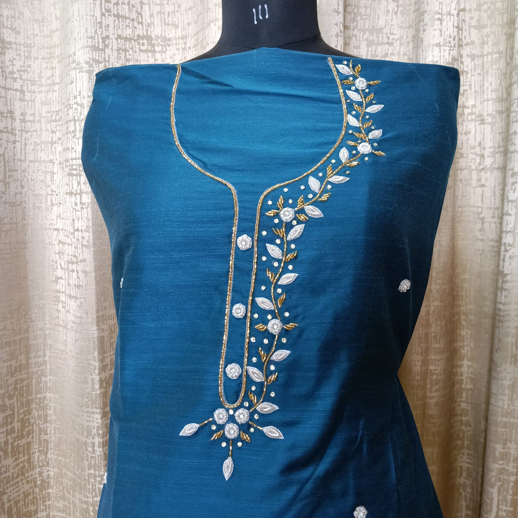 Elegant Women's Silk Salwar Suit Set with Floral Embroidery & Chiffon Dupatta – Teal Blue