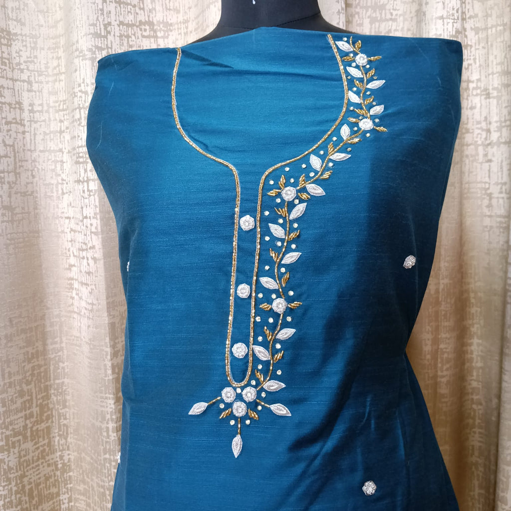 Elegant Women's Silk Salwar Suit Set with Floral Embroidery & Chiffon Dupatta – Teal Blue