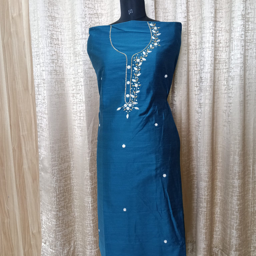 Elegant Women's Silk Salwar Suit Set with Floral Embroidery & Chiffon Dupatta – Teal Blue