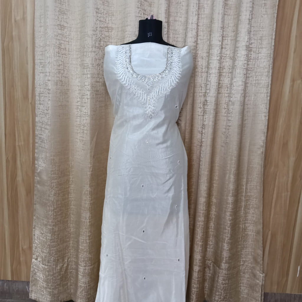 Elegant Women's Silk Straight Kurti with Hand Embroidered Bead Work – White