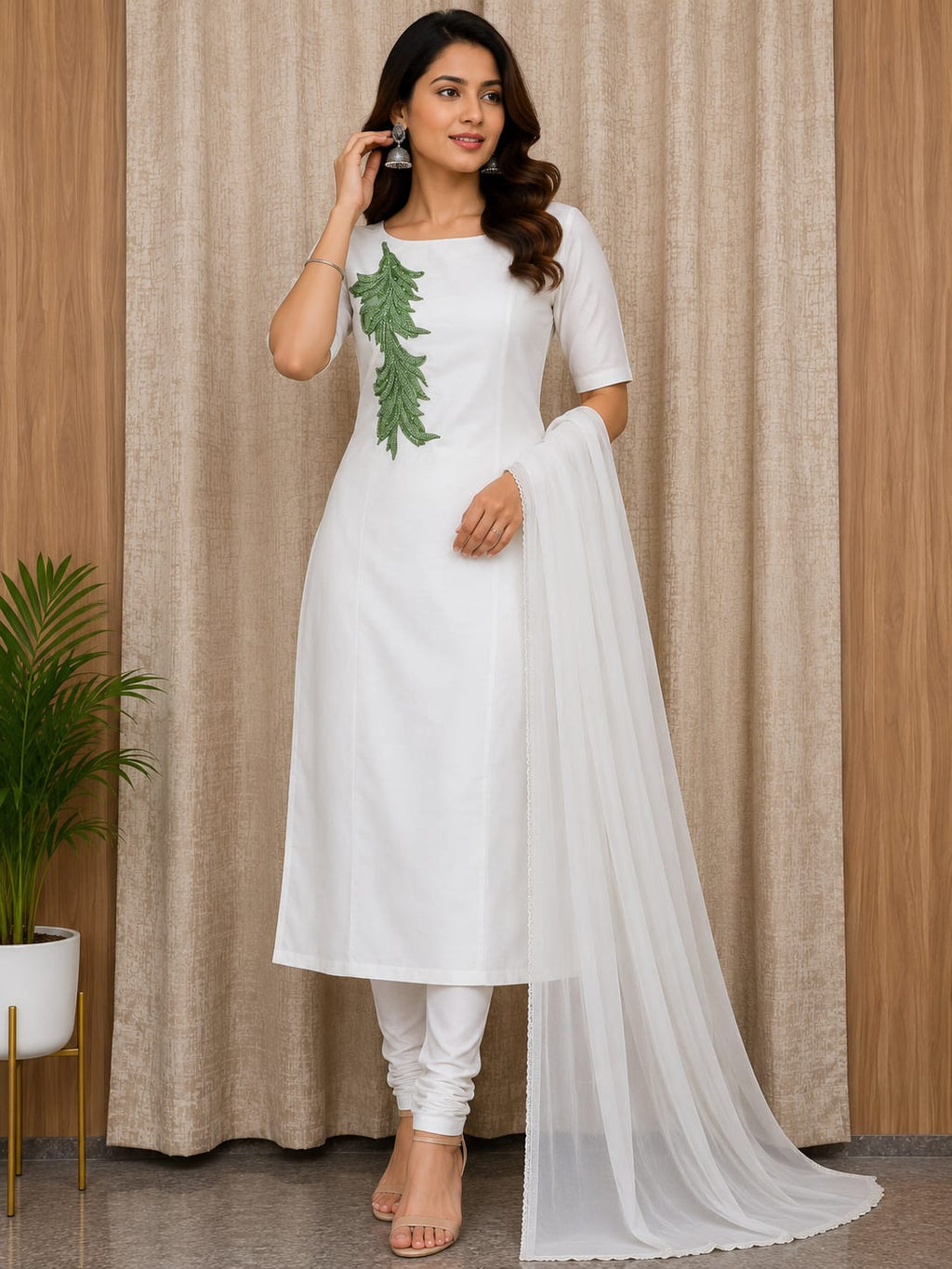 Elegant Women's White Cotton Salwar Suit Set with Leaf Embroidery & Chiffon Dupatta