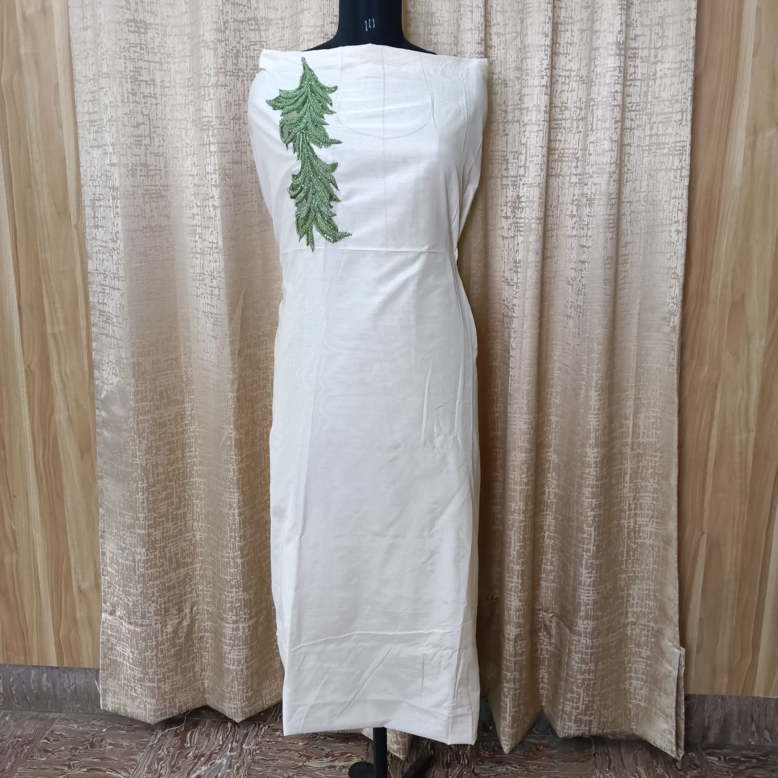 Elegant Women's White Cotton Salwar Suit Set with Leaf Embroidery & Chiffon Dupatta