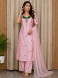 Elegant Women's Silk Salwar Suit Set with Embroidered Neck & Chiffon Dupatta – Blush Pink