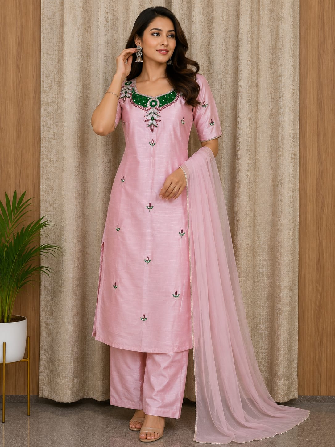 Elegant Women's Silk Salwar Suit Set with Embroidered Neck & Chiffon Dupatta – Blush Pink