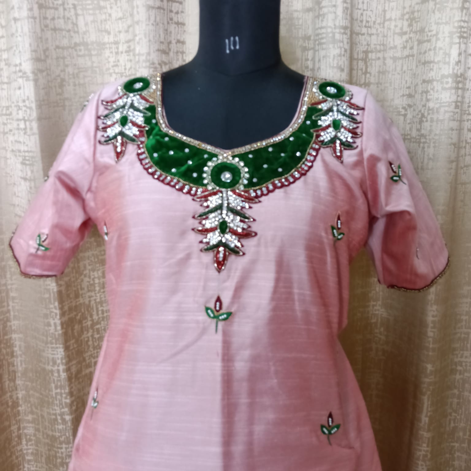 Elegant Women's Silk Salwar Suit Set with Embroidered Neck & Chiffon Dupatta – Blush Pink