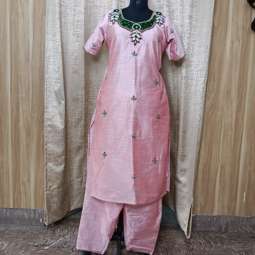 Elegant Women's Silk Salwar Suit Set with Embroidered Neck & Chiffon Dupatta – Blush Pink