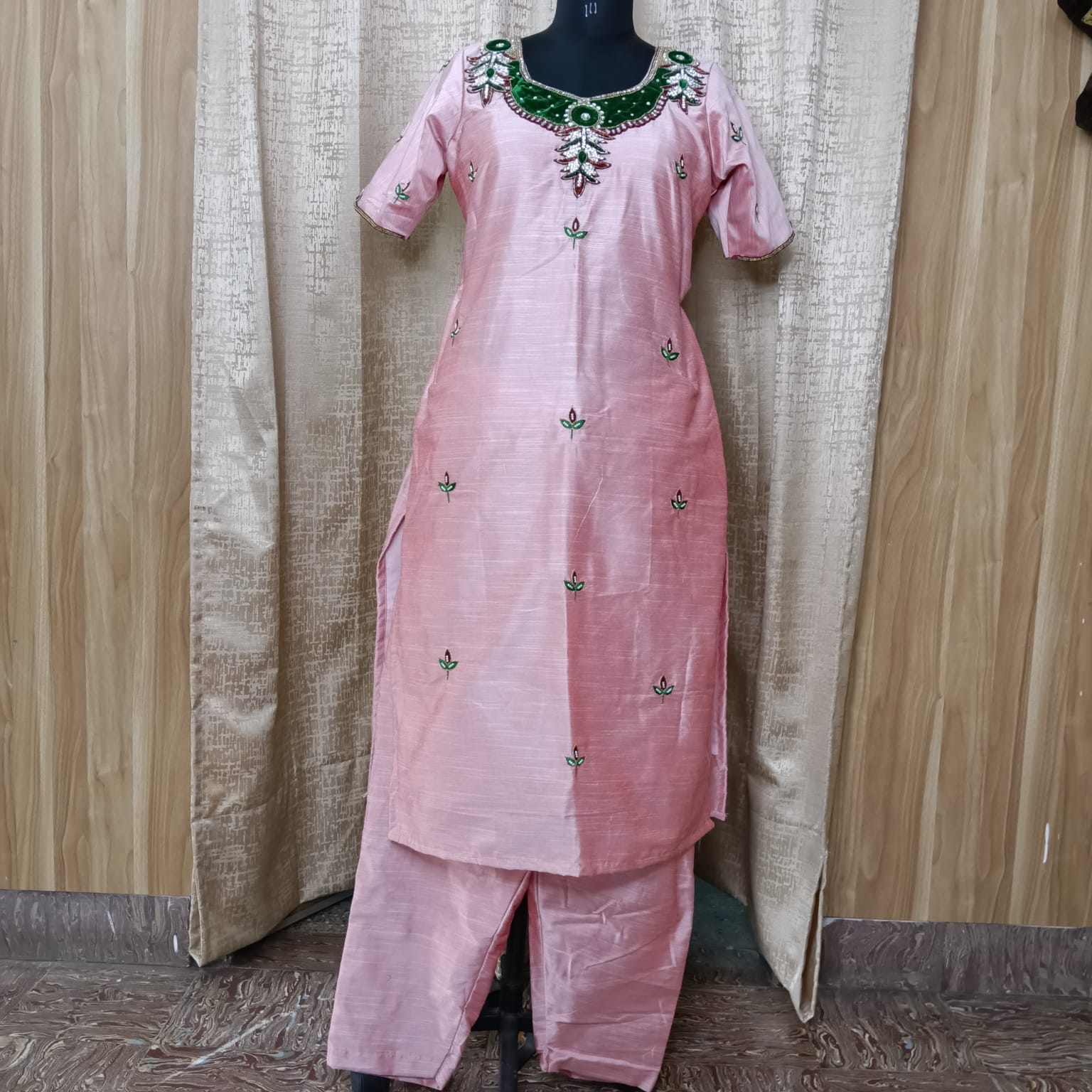 Elegant Women's Silk Salwar Suit Set with Embroidered Neck & Chiffon Dupatta – Blush Pink