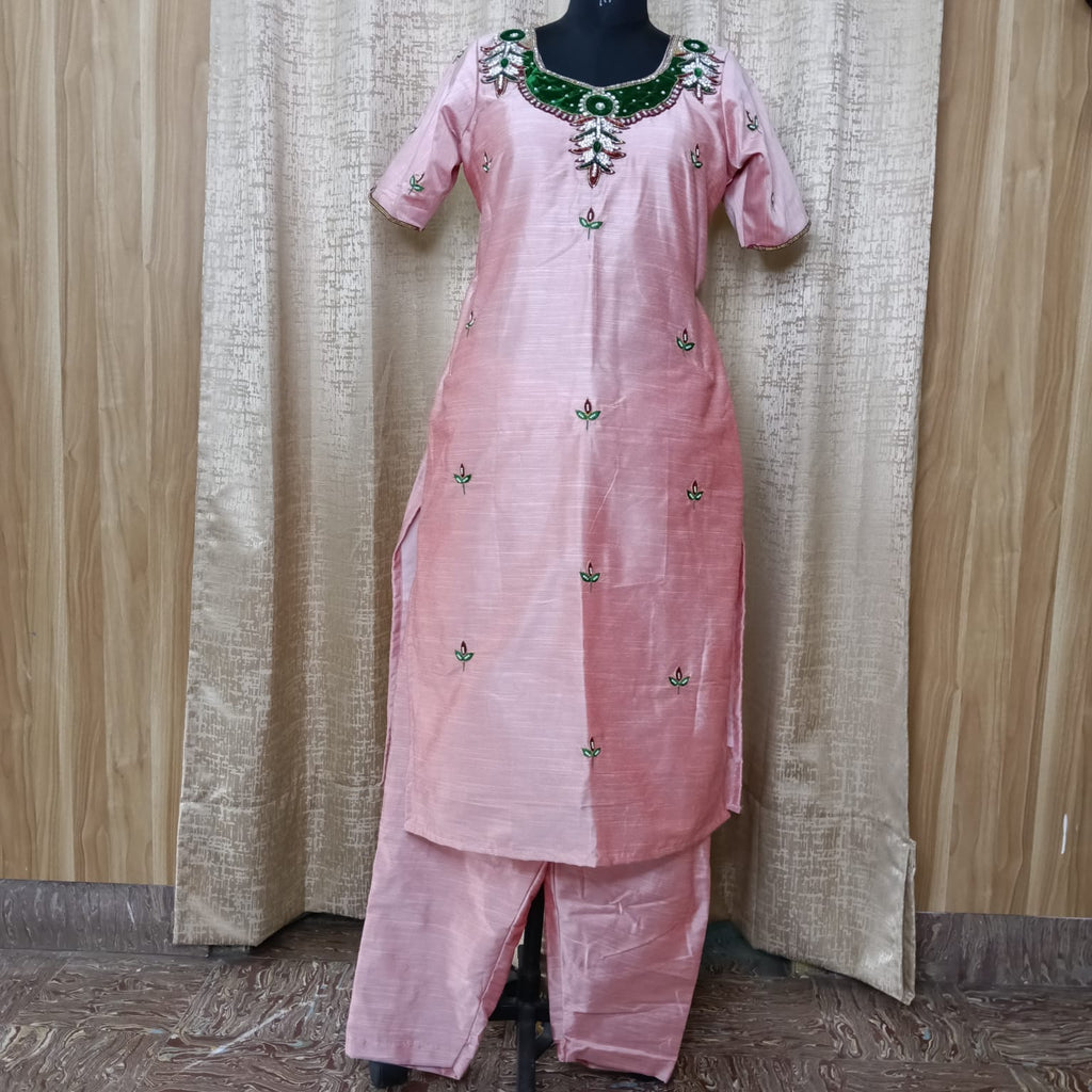 Elegant Women's Silk Salwar Suit Set with Embroidered Neck & Chiffon Dupatta – Blush Pink