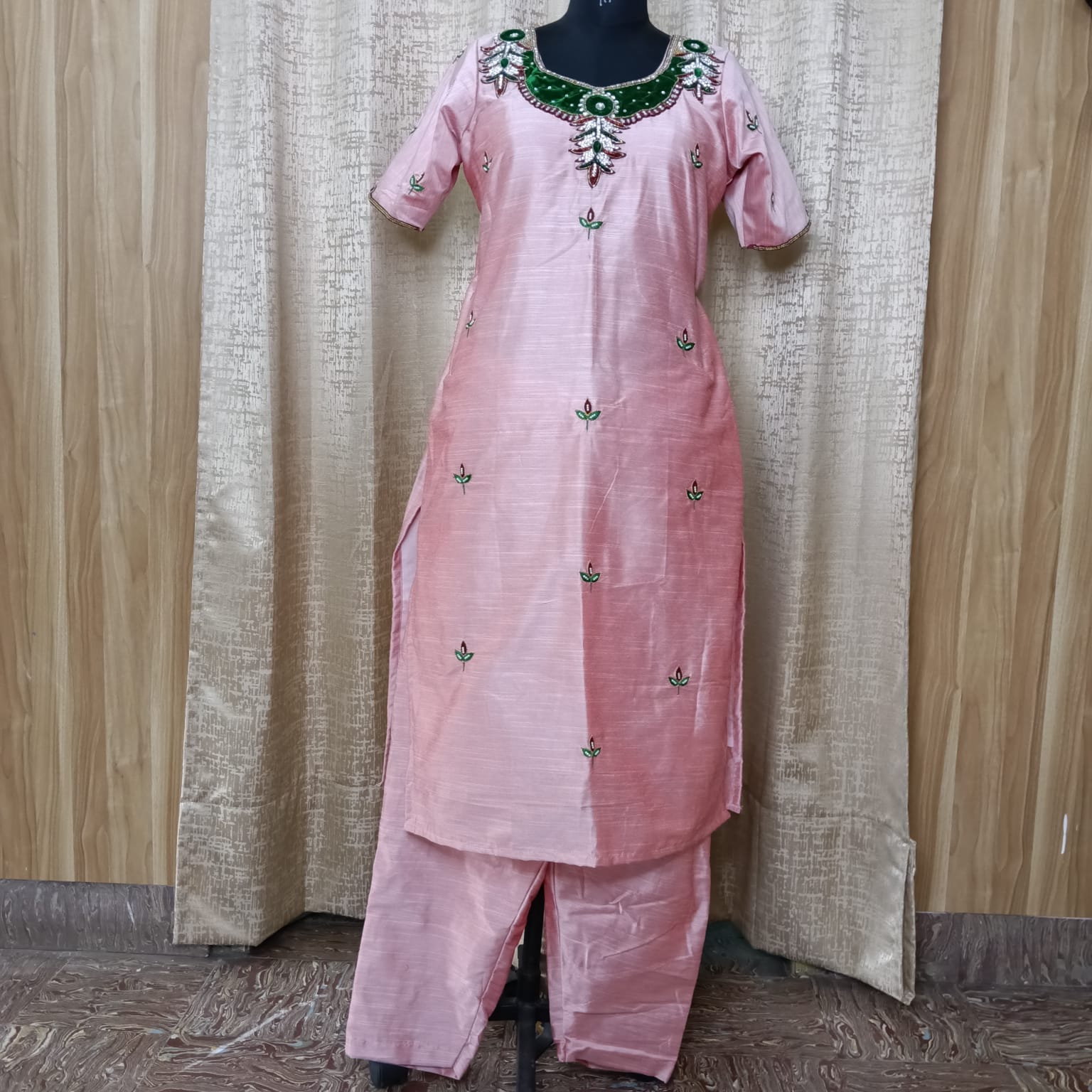 Elegant Women's Silk Salwar Suit Set with Embroidered Neck & Chiffon Dupatta – Blush Pink