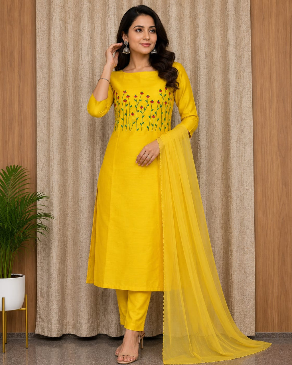 Elegant Women's Cotton Salwar Suit Set with Floral Embroidery & Chiffon Dupatta – Bright Yellow