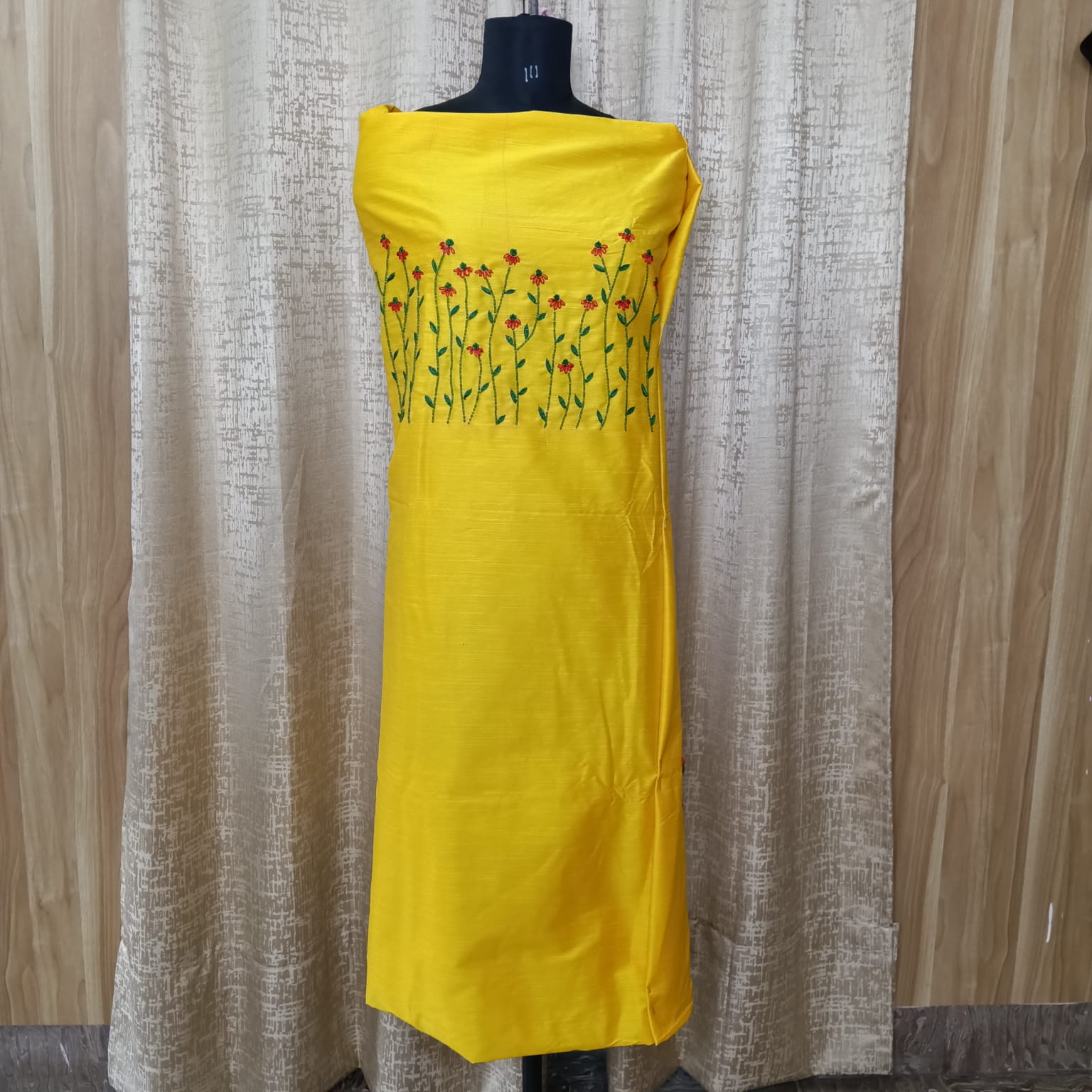 Elegant Women's Cotton Salwar Suit Set with Floral Embroidery & Chiffon Dupatta – Bright Yellow