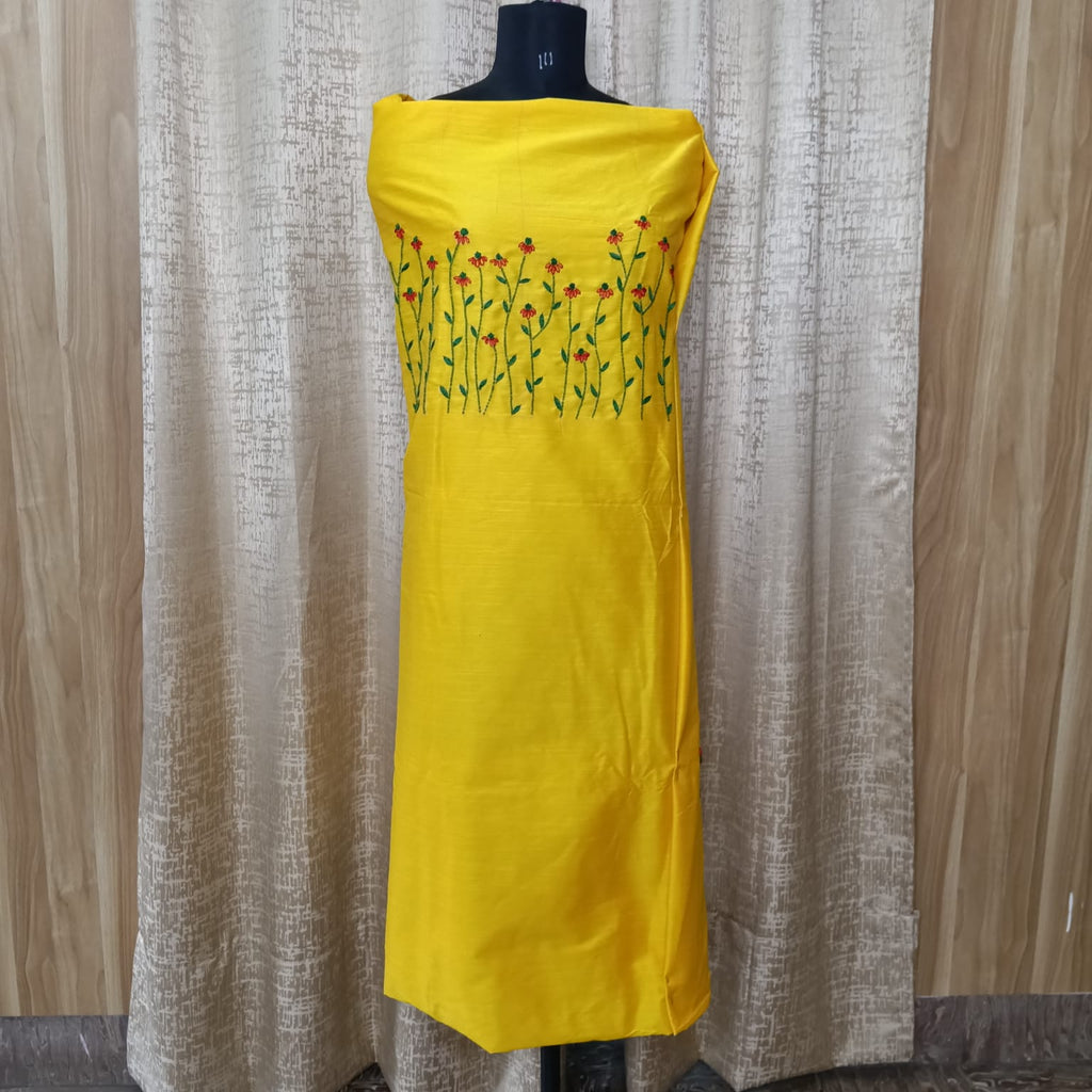 Elegant Women's Cotton Salwar Suit Set with Floral Embroidery & Chiffon Dupatta – Bright Yellow