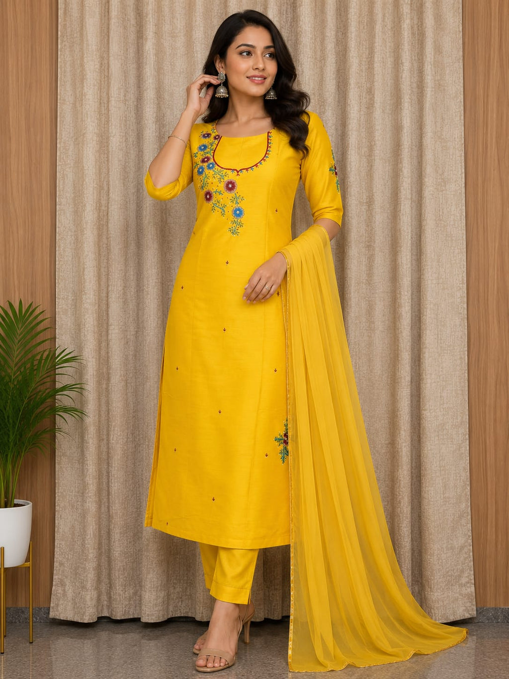 Elegant Women's Cotton Salwar Suit Set with Floral Embroidery & Chiffon Dupatta – Sunshine Yellow