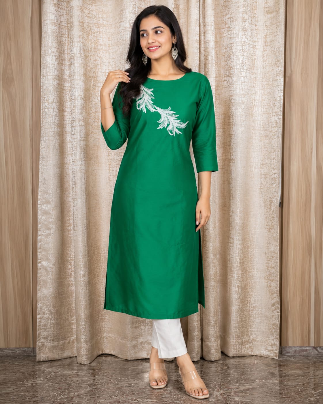 Elegant Women's Cotton Straight Kurti with Leaf Embroidery – Emerald Green