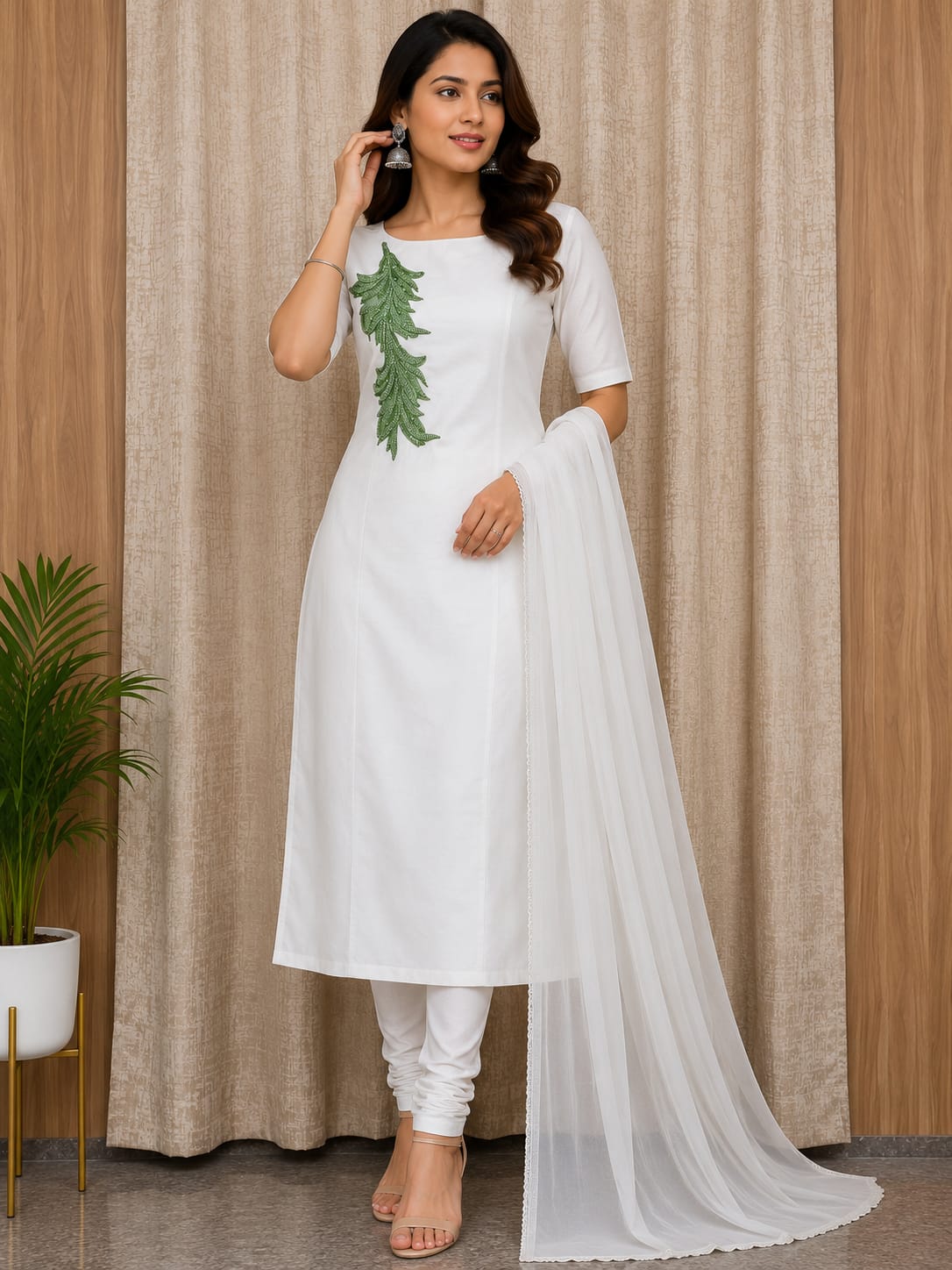 Elegant Women's White Cotton Salwar Suit Set with Leaf Embroidery & Chiffon Dupatta