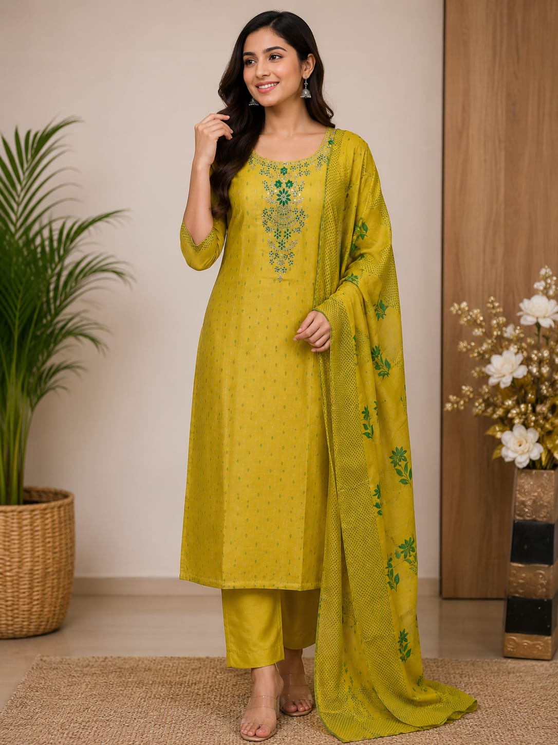 Elegant Women's Cotton Salwar Suit Set with Embroidery & Printed Dupatta – Mustard Yellow