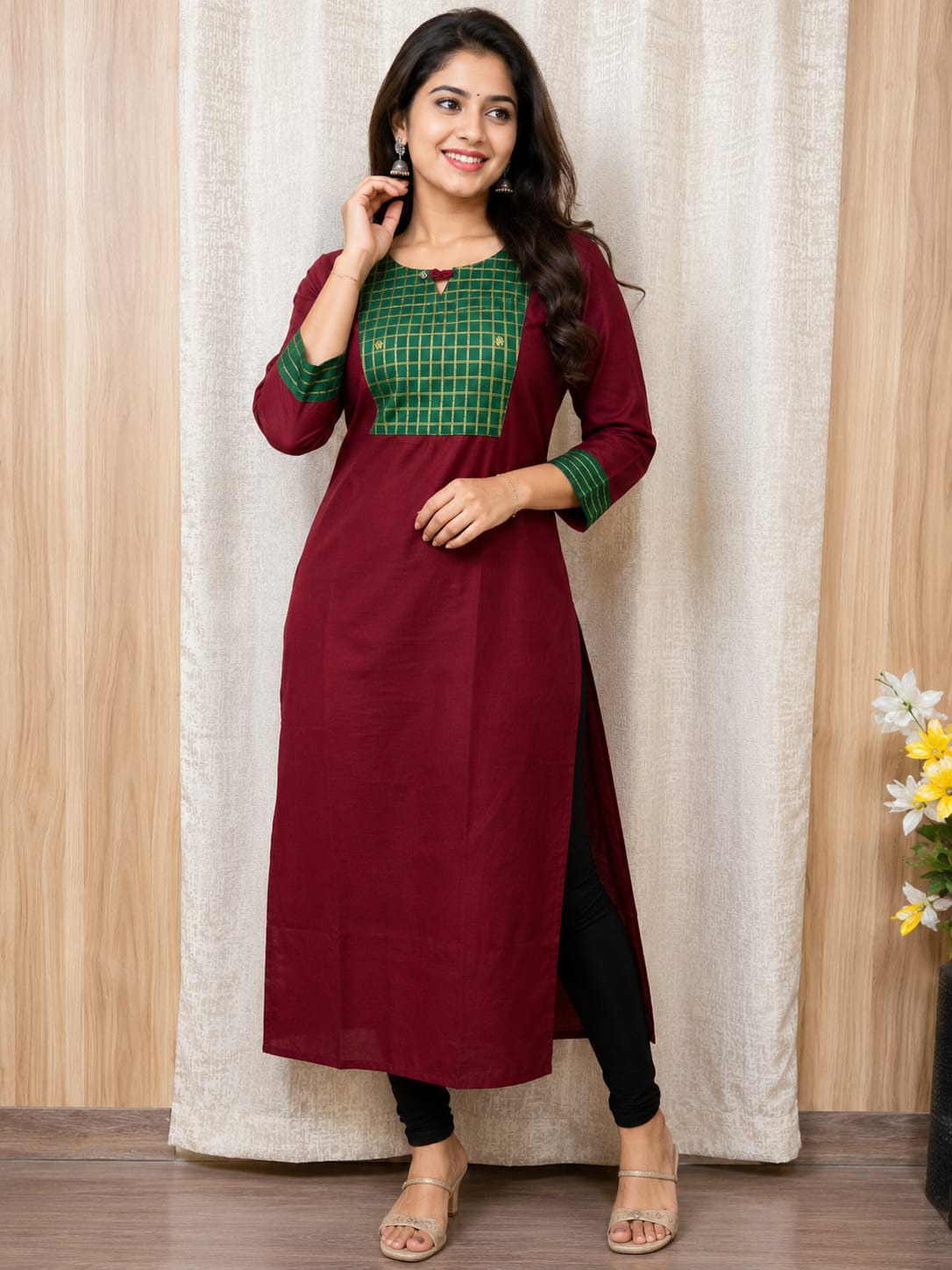 Elegant Women's Cotton Straight Kurti with Checked Ethnic Yoke – Maroon