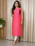 Elegant Women's Silk Straight Kurti with Premium 3D Floral Embroidery – Coral Pink