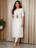 Elegant Women's Silk Straight Kurti with Premium Giraffe Embroidery – Ivory White