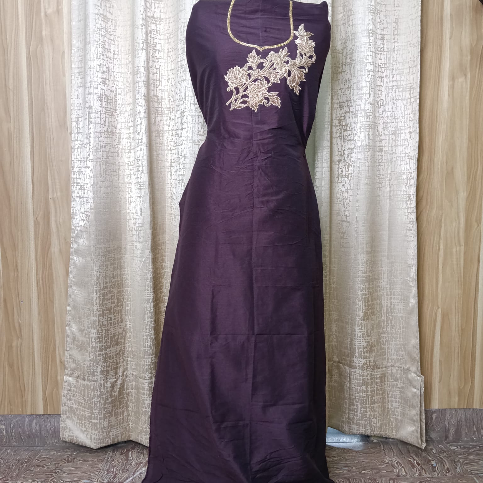 Elegant Women's Silk Straight Kurti with Premium Floral Embroidery – Dark Plum