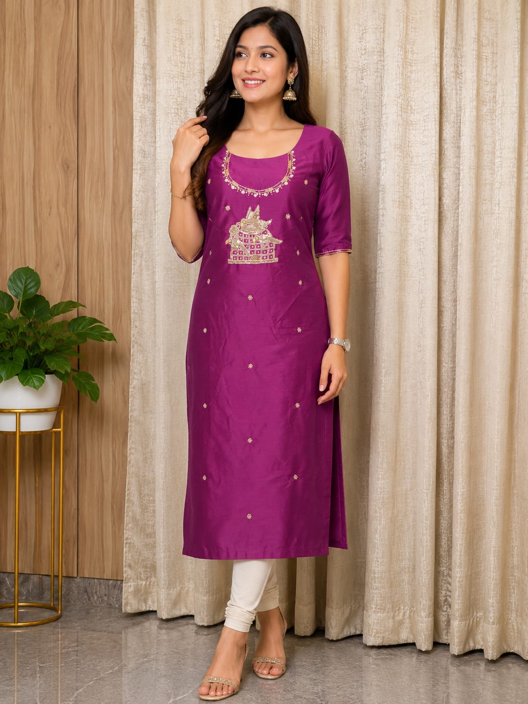 Elegant Women's Silk Straight Kurti with Premium Azrath Print – Magenta