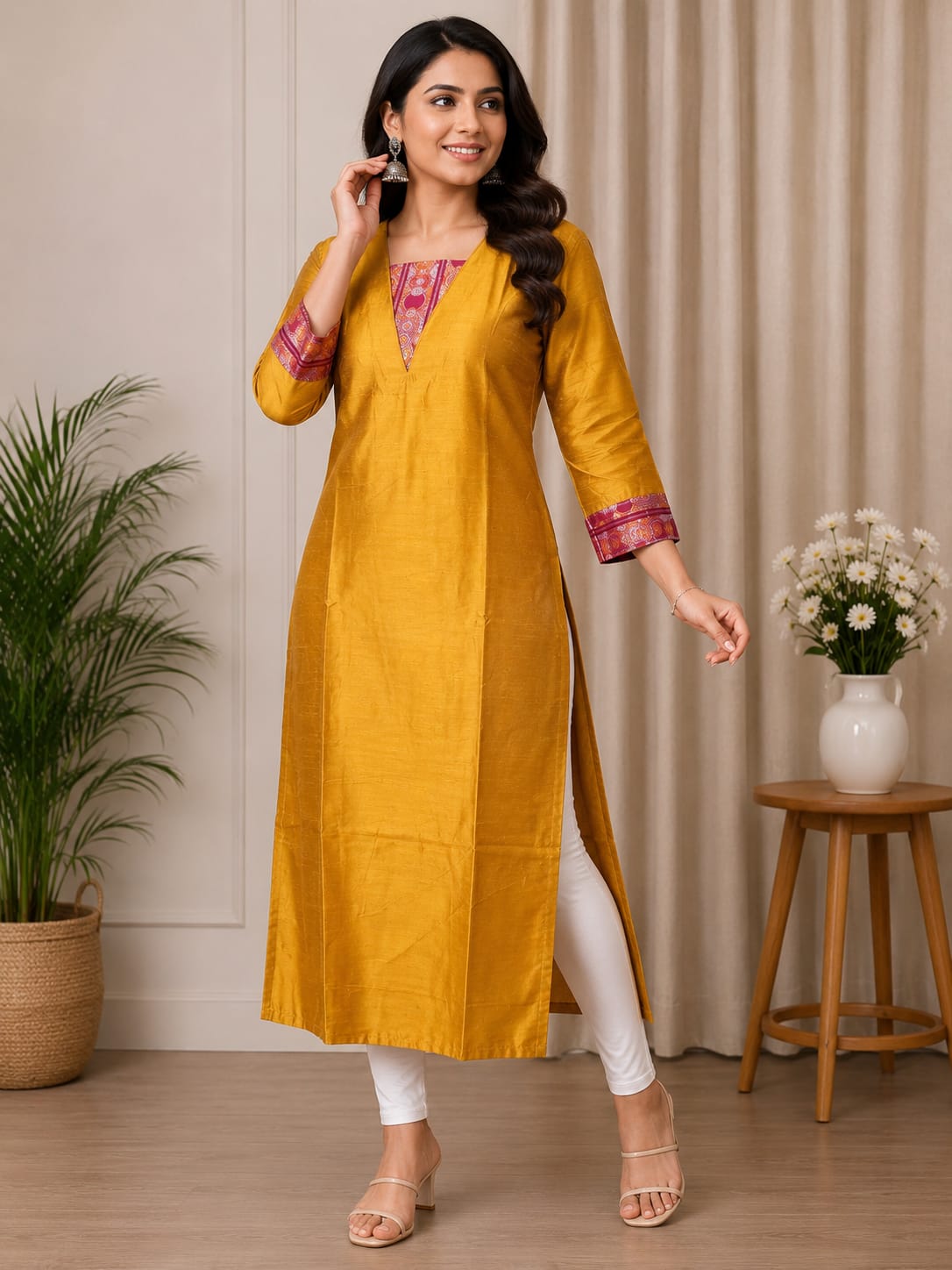 Women's Zute Silk Straight Kurti – Lime Green | V-Neck | 3/4 Sleeves