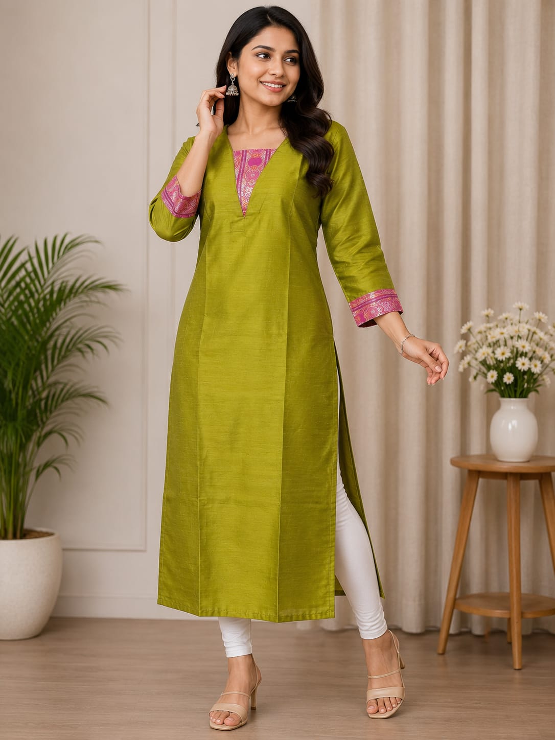Women's Zute Silk Straight Kurti – Lime Green | V-Neck | 3/4 Sleeves