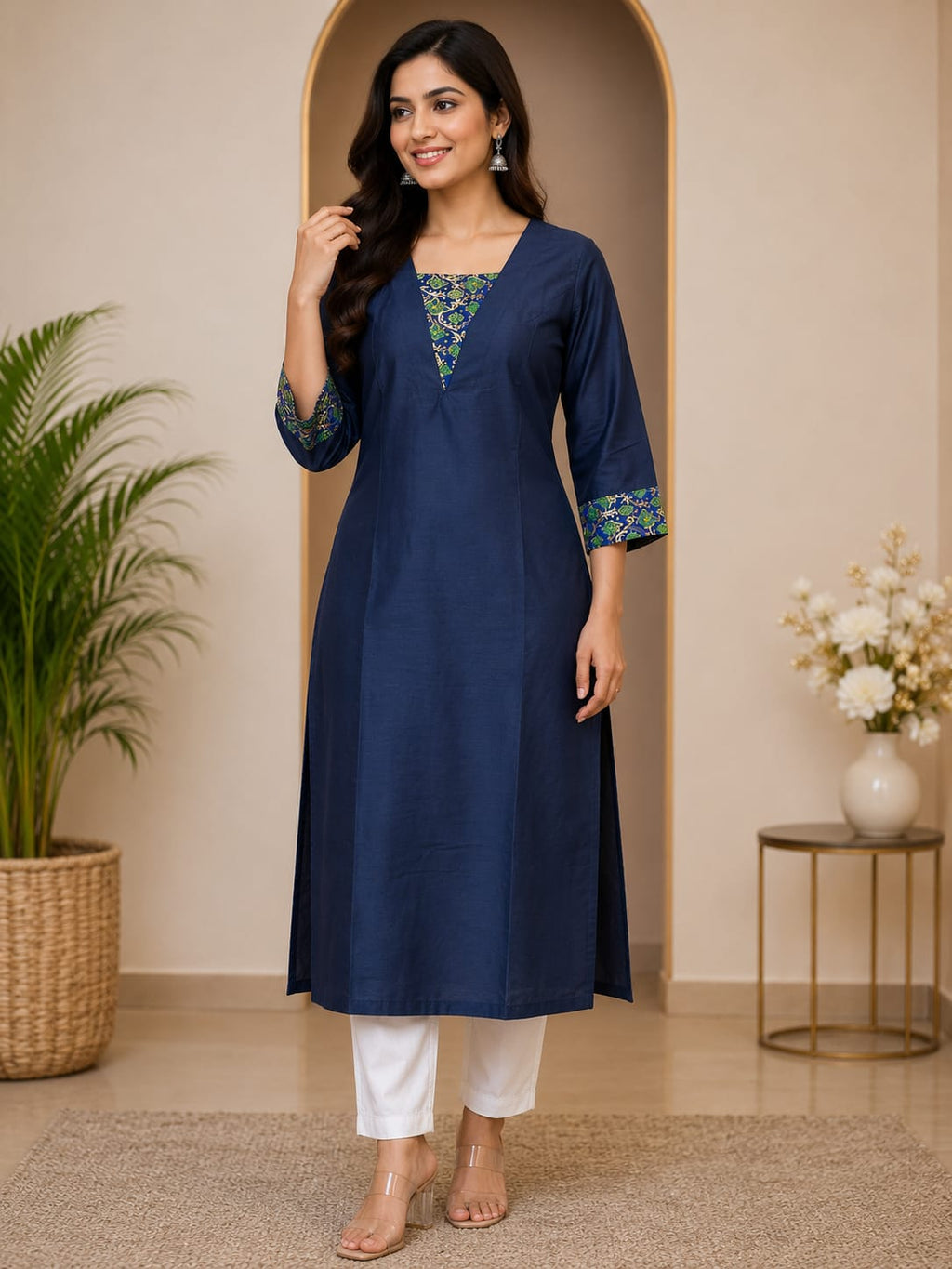 Women's Zute Silk Straight Kurti – Lime Green | V-Neck | 3/4 Sleeves
