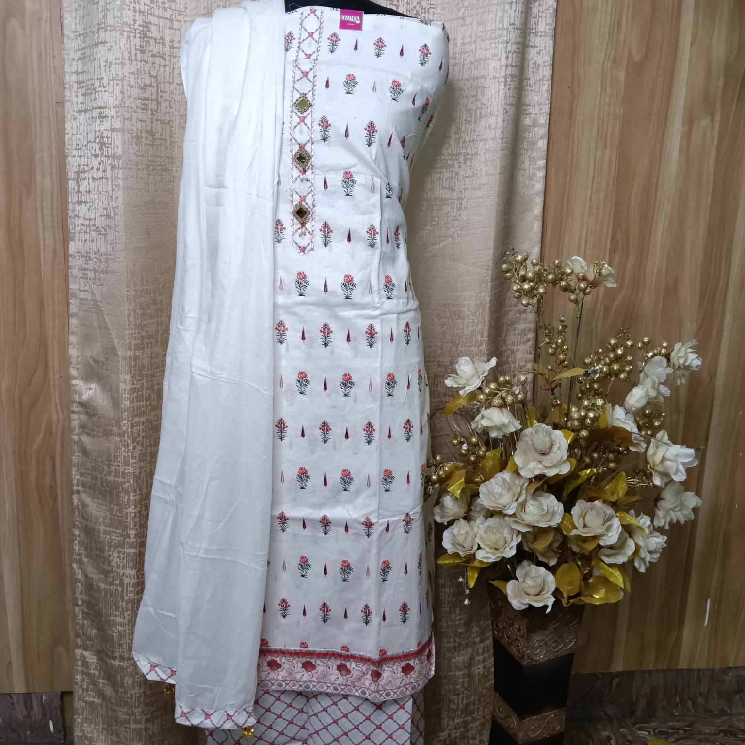 White Mul Mul Cotton Dress Material with Mirror Work