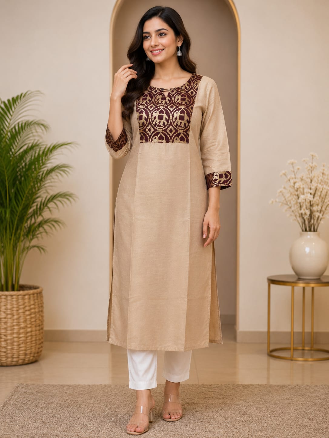 Women's Cream Long Kurti – Printed Yoke | 3/4 Sleeves