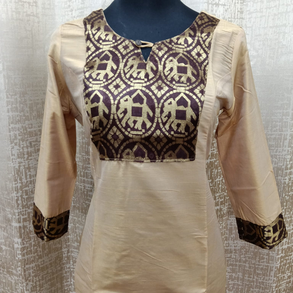 Women's Cream Long Kurti – Printed Yoke | 3/4 Sleeves