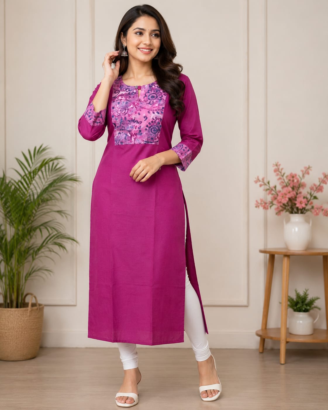 Women's Magenta Zute Silk Long Kurti – Printed Yoke | 3/4 Sleeves