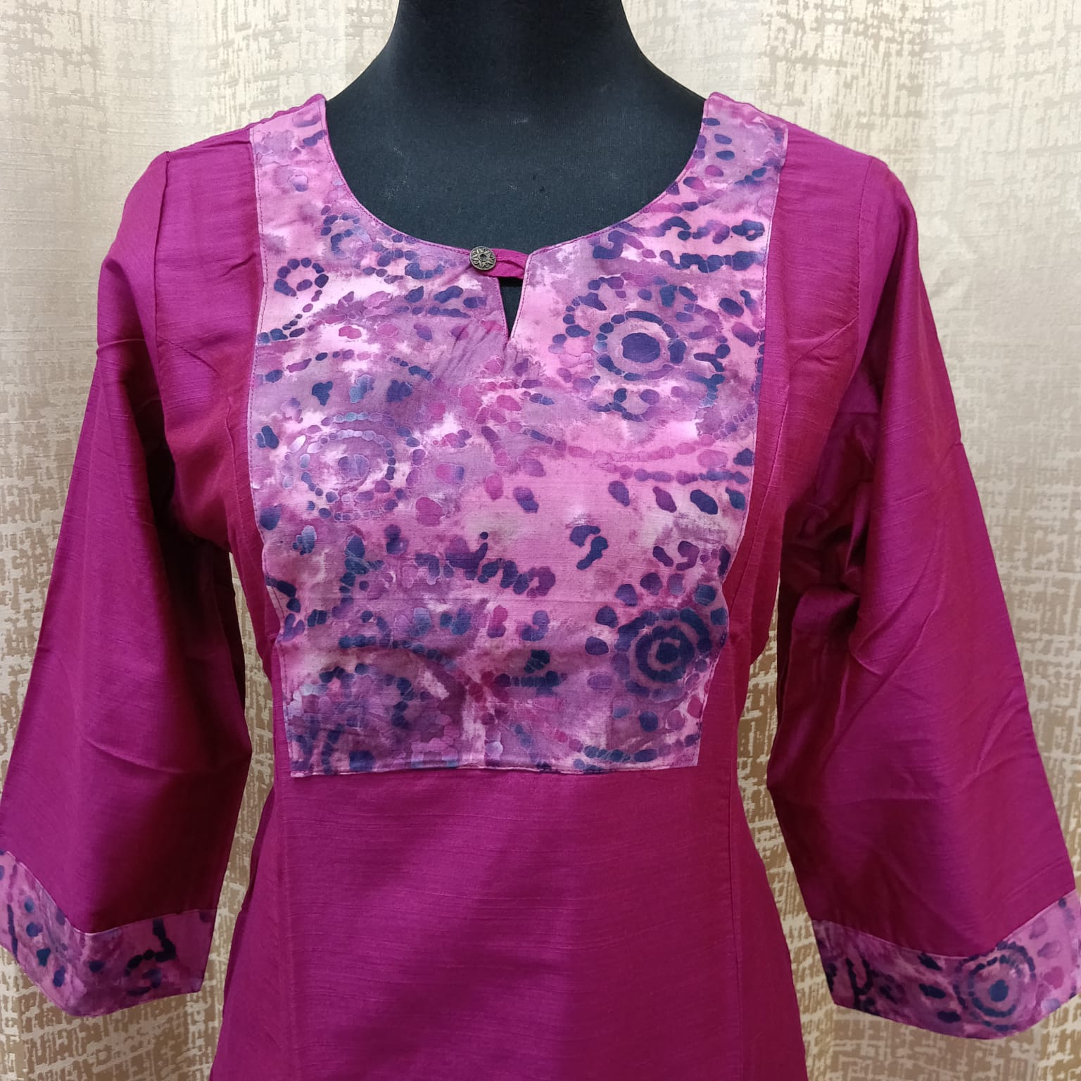 Women's Magenta Zute Silk Long Kurti – Printed Yoke | 3/4 Sleeves
