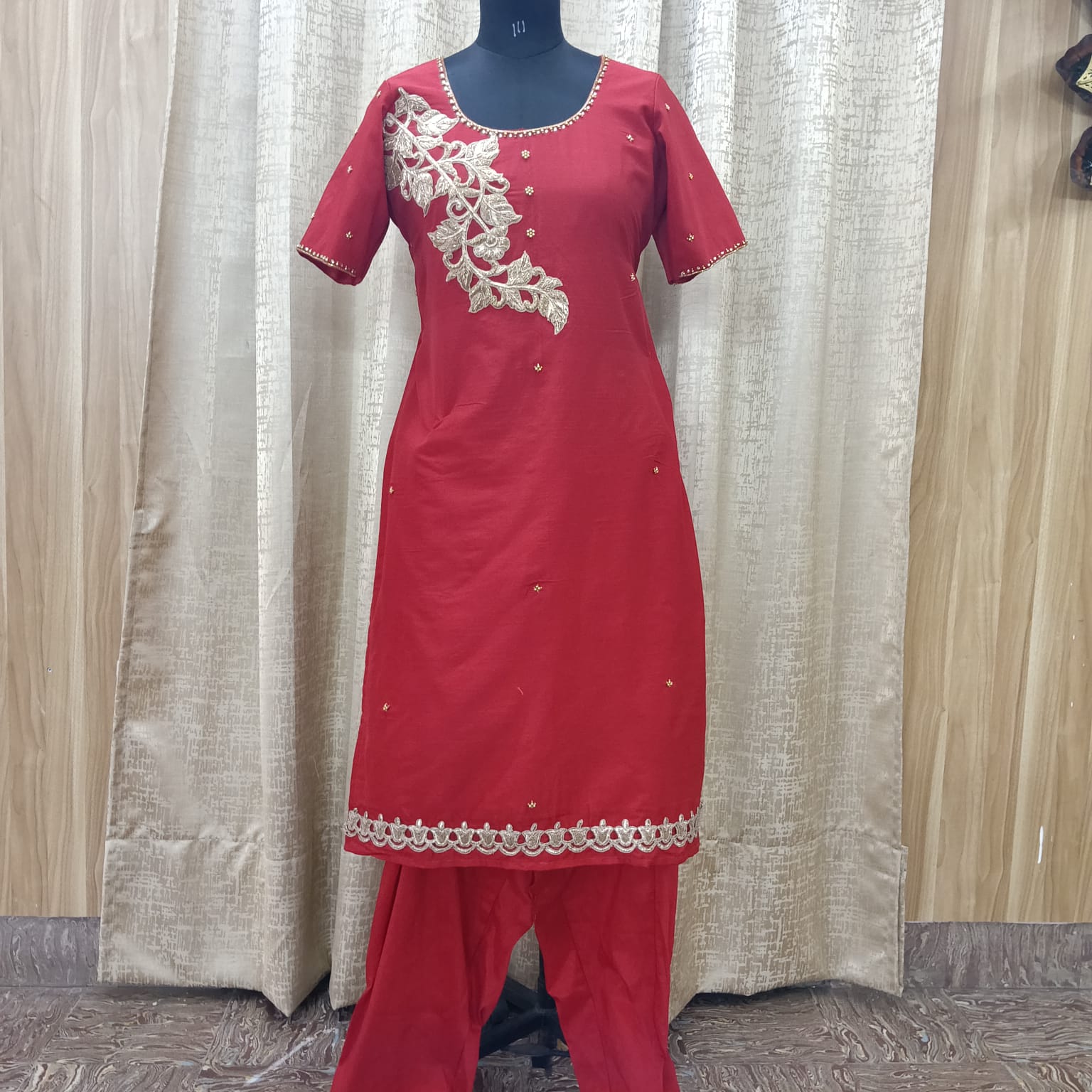 Women's Red Jute Silk Hand Embroidered Kurti – Zardosi Work | XXL