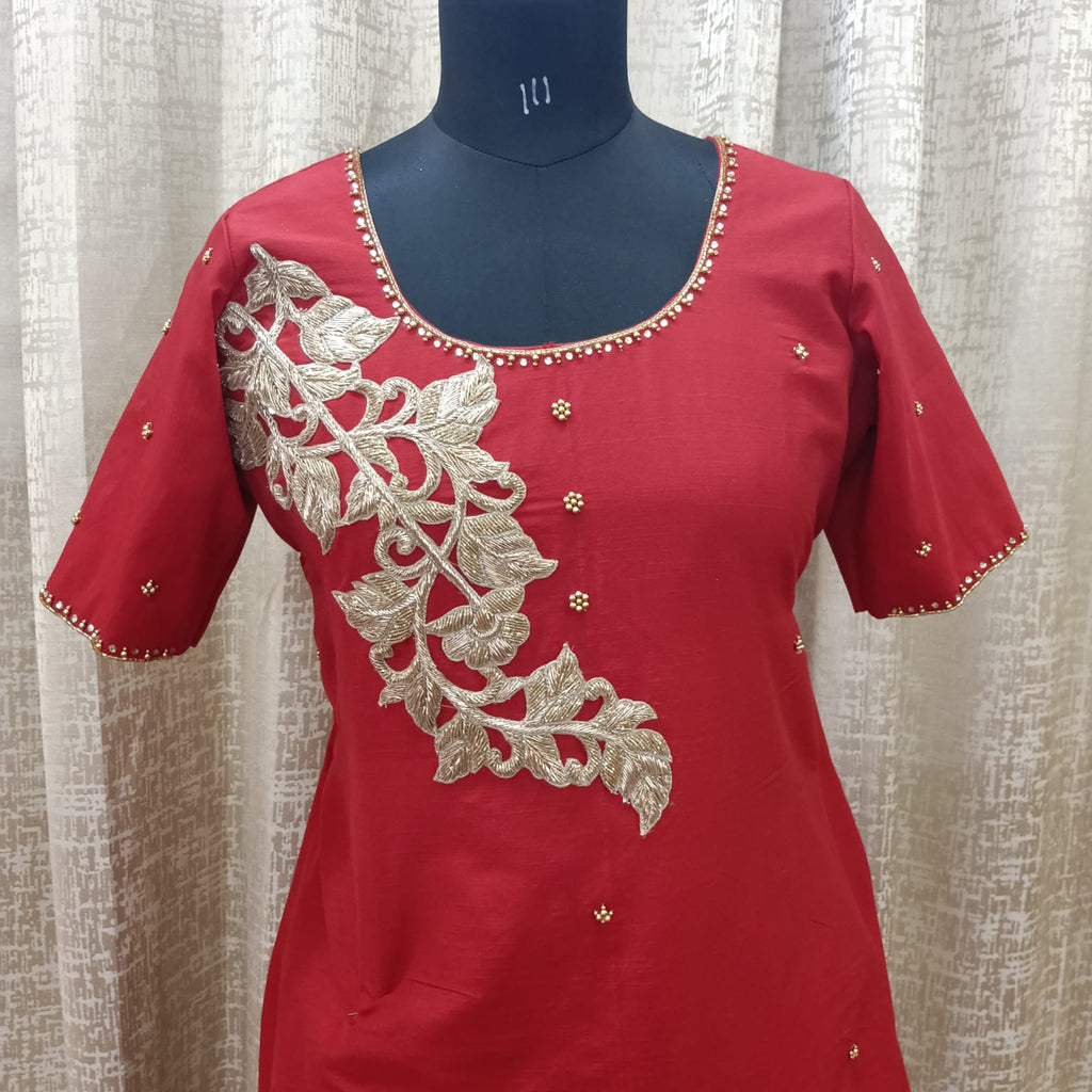 Women's Red Jute Silk Hand Embroidered Kurti – Zardosi Work | XXL