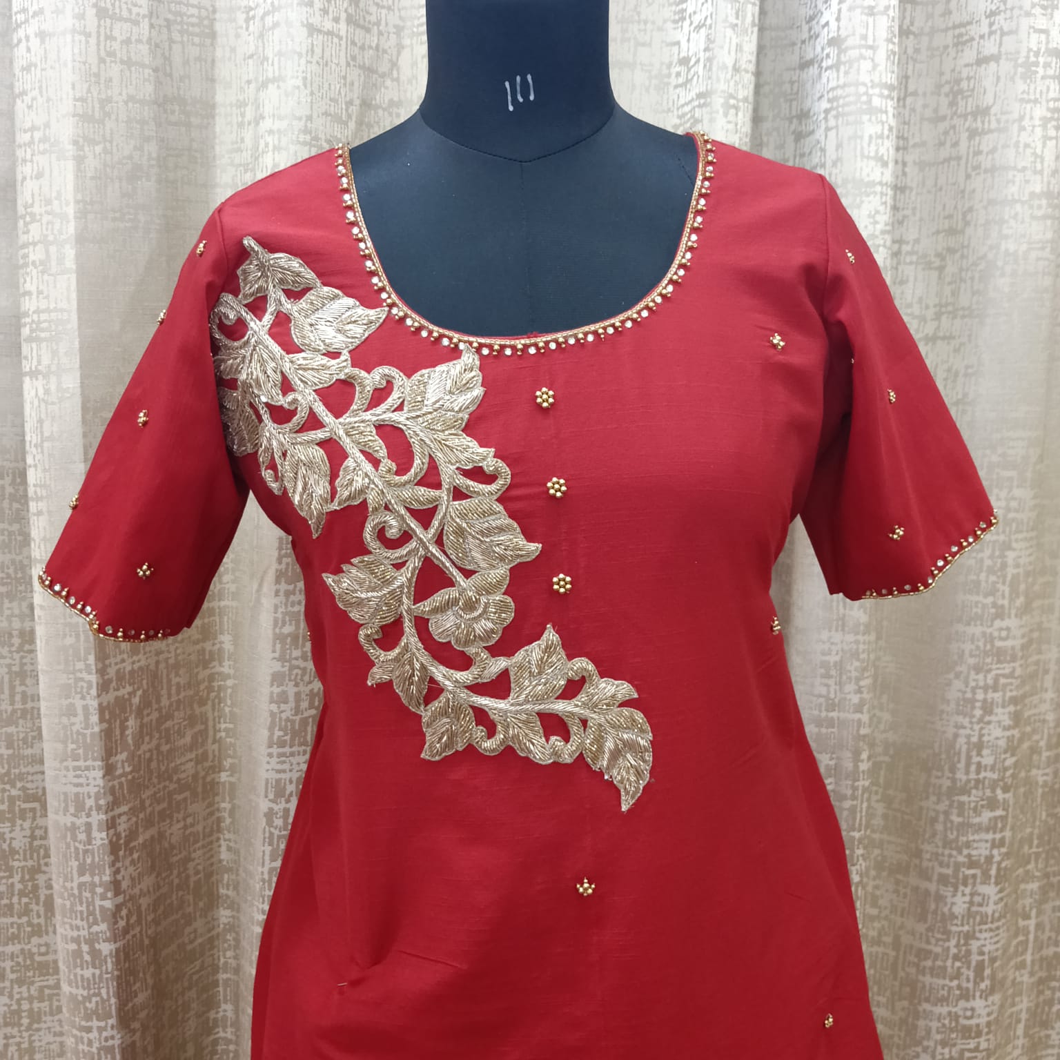 Women's Red Jute Silk Hand Embroidered Kurti – Zardosi Work | XXL