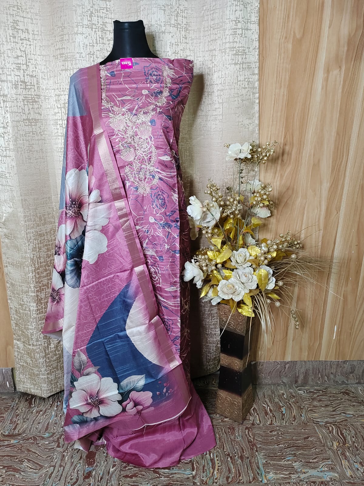 Women's Tusser Silk Saree with Hand Embroidery & Floral Print – Pink