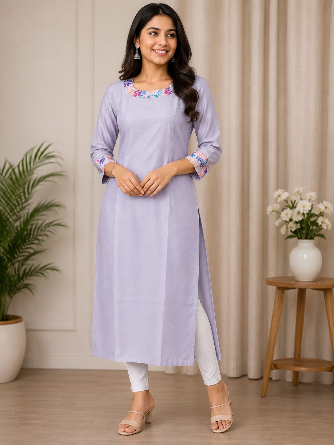 Women's Zute Silk Long Princess Cut Kurti – Lavender | Embroidered Neck | Elbow Sleeves